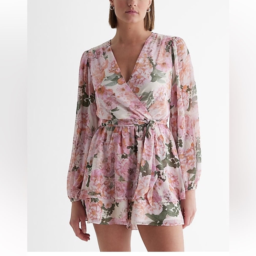 Large Express Floral V-neck Surplice Tie Waist Romper